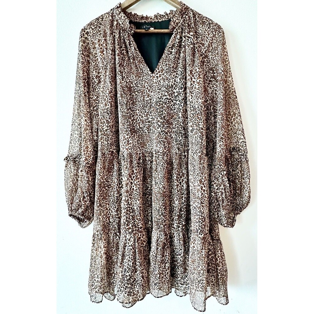 1.STATE Women XL Brown Leopard Print Chiffon Tiered Ruffle Boho Mini Dress GUC